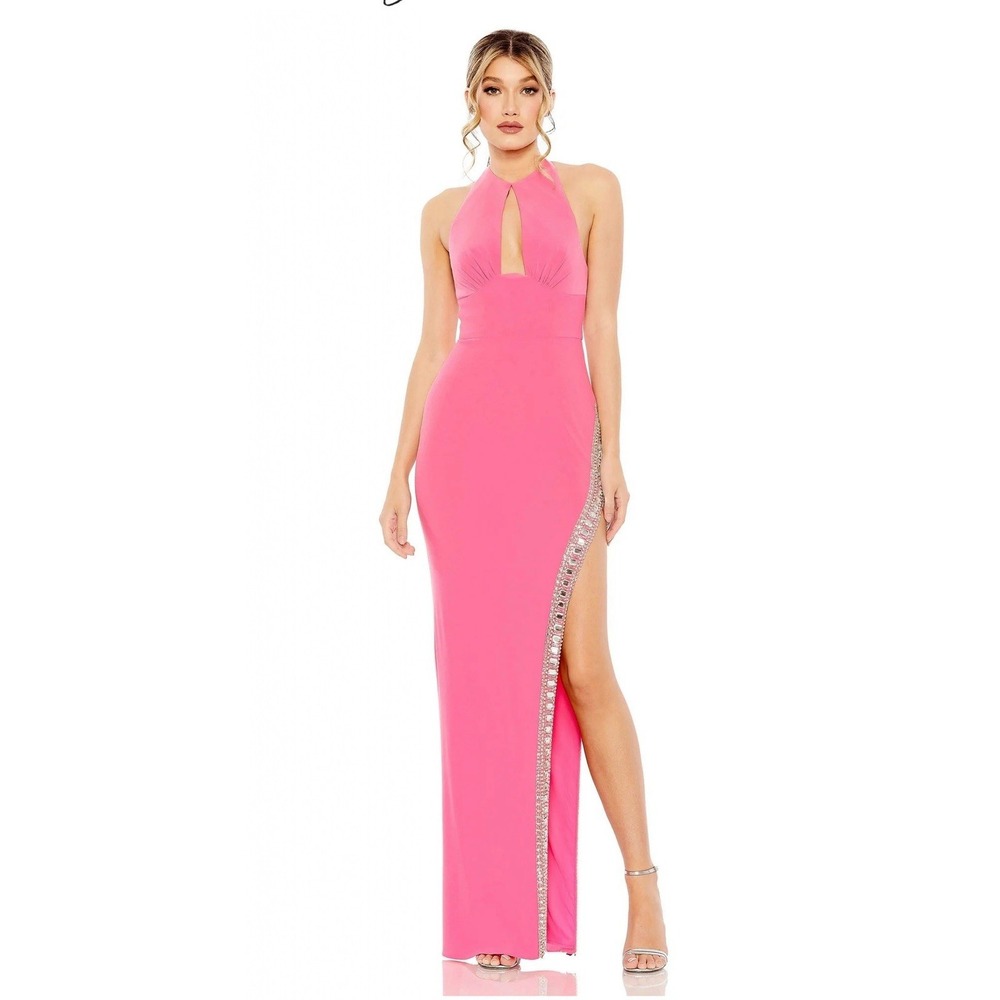 Mac Duggal Pink Halter Gown Rhinestone Slit Pageant Prom Barbiecore 4 NWT